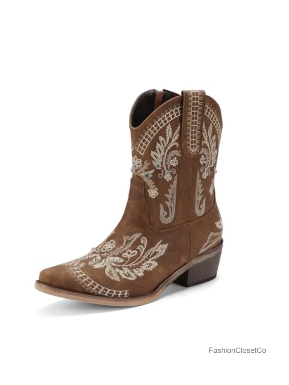 Rhinestone Embroidered Ankle Cowboy Boots with Low Heel Chunky Heel Side Zipper